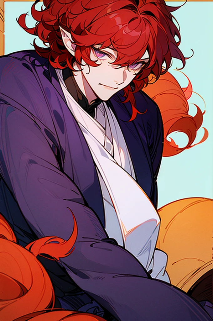 ((masterpiece)), ((one man)), man, man in late 30s, dark skin, white eyes, detailed eyes, elve ears, drak red hair, short hair, short curly hair, ((curly hair)), curly hair, tall, handsome, mature, purple clothes,
