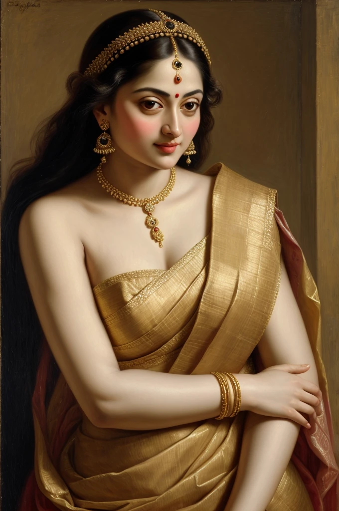 Looks like Sandeepa Dhar, Beautiful Indian Woman, wearing saree, sari Beauty, gorgeous, Apsara, Maharani, royal queen woman, nymph from Hindu Mythology, Urvashi, matchless beauty, Highly detailed, Oil Painting by Peter Paul Rubens inspired by Raja Ravi Varma, Matchless beauty, captivating, gorgeous, heavenly beauty, celestial beauty, by Peter Paul Rubens, 13, realistic, hyper realistic, micro details, incredible artwork, insane details, ultra High resolution, 8k, 32k, acrylic on canvas, intricate, flawless, detailed, detailed face, detailed eyes, masterpiece, by Peter Paul Rubens, by Caravaggio, by William Adolphe bouguereau, perfect face, perfect body, beautiful art, realism, baroque, renaissance Art, highly textured, beautiful and detailed eyes, uhd, best quality,