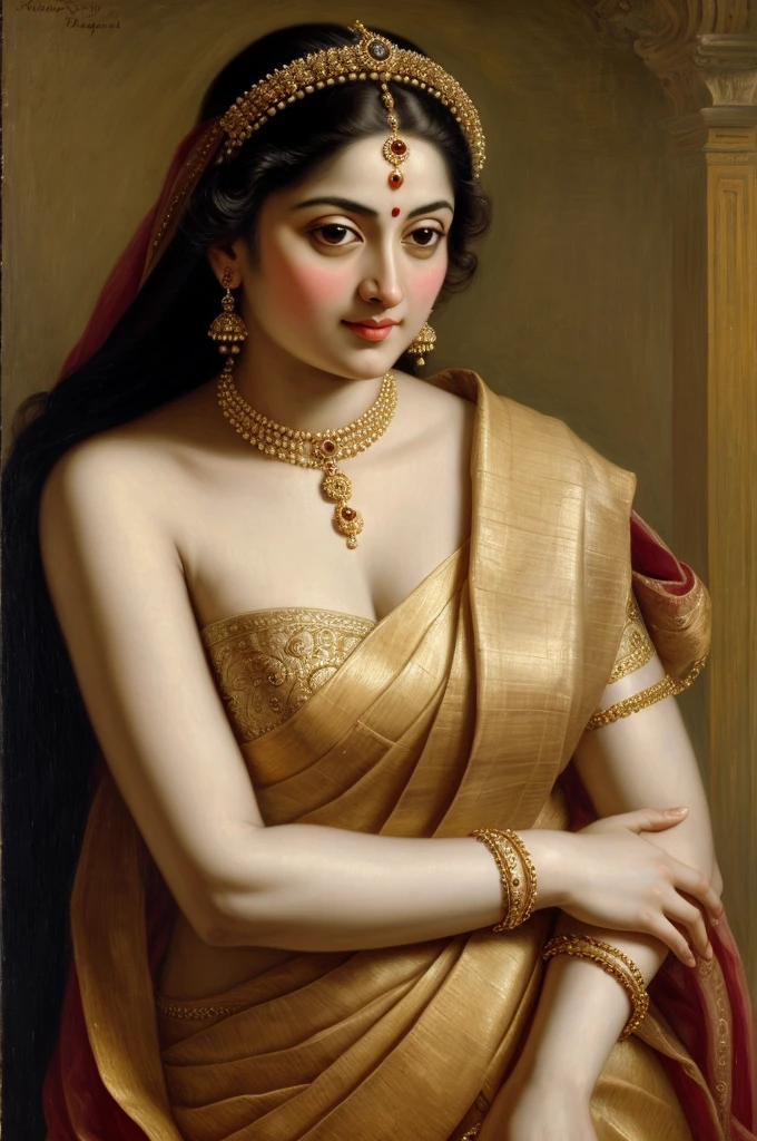 Looks like Sandeepa Dhar, Beautiful Indian Woman, wearing saree, sari Beauty, gorgeous, Apsara, Maharani, royal queen woman, nymph from Hindu Mythology, Urvashi, matchless beauty, Highly detailed, Oil Painting by Peter Paul Rubens inspired by Raja Ravi Varma, Matchless beauty, captivating, gorgeous, heavenly beauty, celestial beauty, by Peter Paul Rubens, 13, realistic, hyper realistic, micro details, incredible artwork, insane details, ultra High resolution, 8k, 32k, acrylic on canvas, intricate, flawless, detailed, detailed face, detailed eyes, masterpiece, by Peter Paul Rubens, by Caravaggio, by William Adolphe bouguereau, perfect face, perfect body, beautiful art, realism, baroque, renaissance Art, highly textured, beautiful and detailed eyes, uhd, best quality,