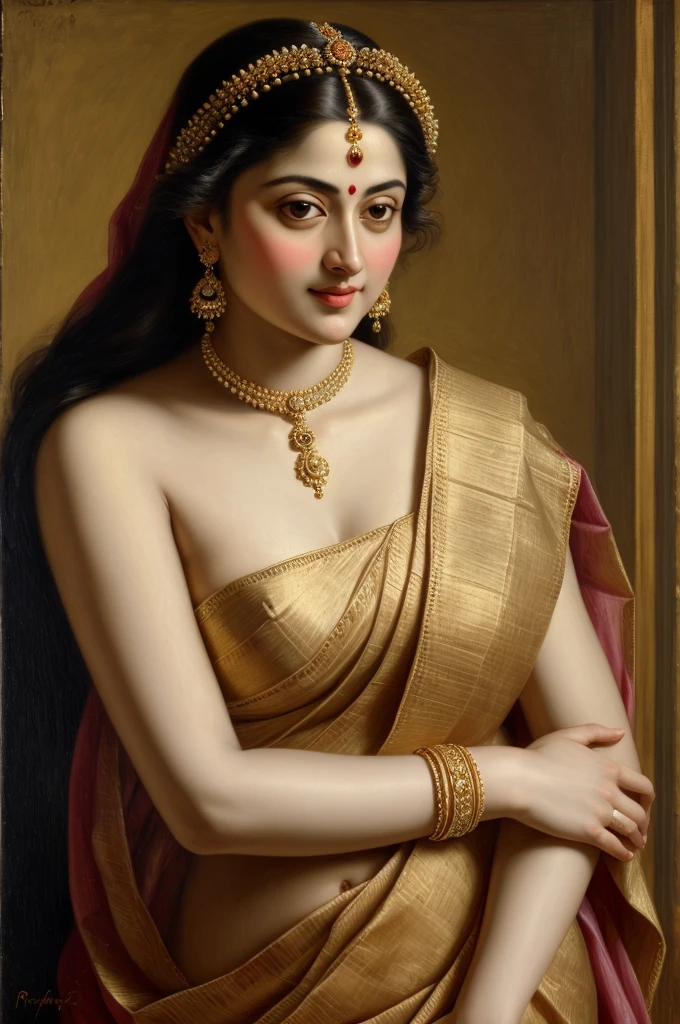 Looks like Sandeepa Dhar, Beautiful Indian Woman, wearing saree, sari Beauty, gorgeous, Apsara, Maharani, royal queen woman, nymph from Hindu Mythology, Urvashi, matchless beauty, Highly detailed, Oil Painting by Peter Paul Rubens inspired by Raja Ravi Varma, Matchless beauty, captivating, gorgeous, heavenly beauty, celestial beauty, by Peter Paul Rubens, 13, realistic, hyper realistic, micro details, incredible artwork, insane details, ultra High resolution, 8k, 32k, acrylic on canvas, intricate, flawless, detailed, detailed face, detailed eyes, masterpiece, by Peter Paul Rubens, by Caravaggio, by William Adolphe bouguereau, perfect face, perfect body, beautiful art, realism, baroque, renaissance Art, highly textured, beautiful and detailed eyes, uhd, best quality,