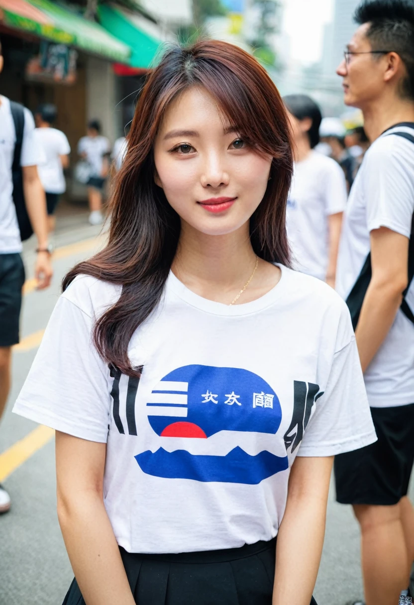 A beautiful Taiwanese girl,Wearing a T-shirt,There's a PlayStation stick hanging on it.,The girl smiled happily。In front of the girl,You can see a man's hands trying to hold a PlayStation stick in the picture on the T-shirt