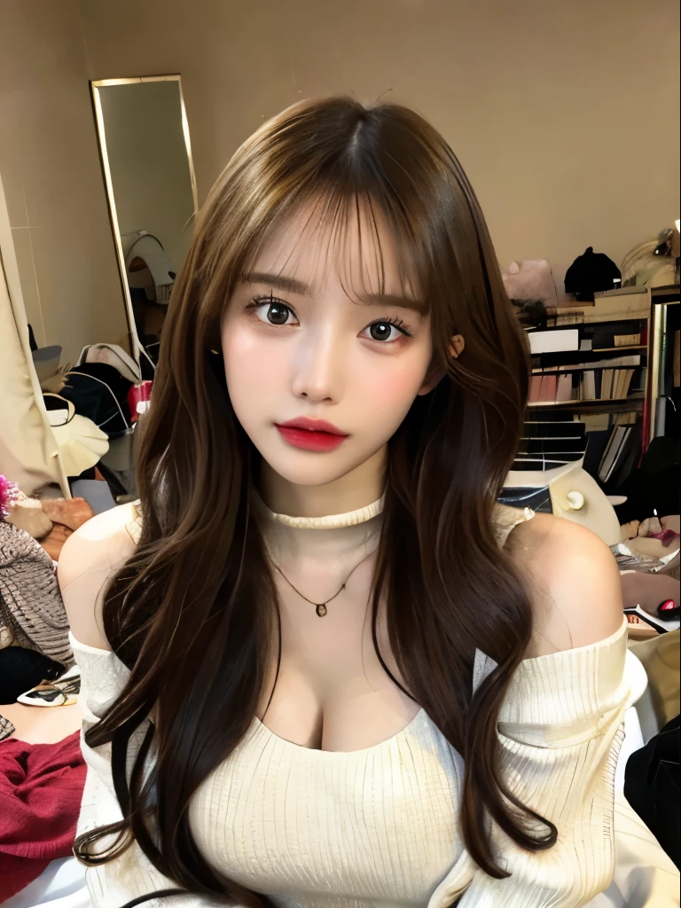 best qualtiy，tmasterpiece，超A high resolution，（realisticlying：1.4），
1girll，long curly hair，Rich in detail， shoulder，cleavage，Knitwear， Deep shading， messy room， sit pose， Sitting on an object，