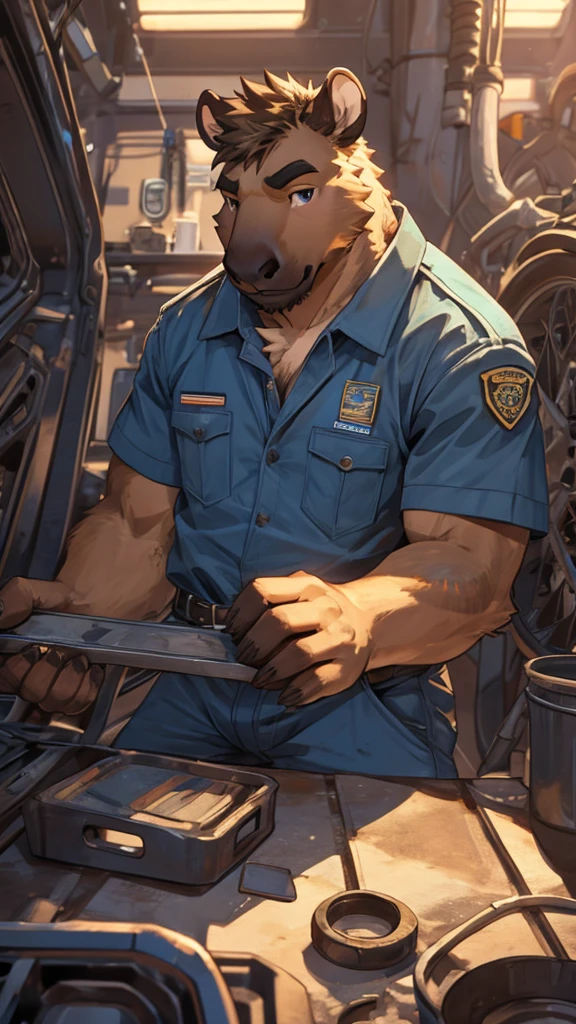 A male furry capybara, about 25 years old, not big but has a marked body, he works as a mechanic