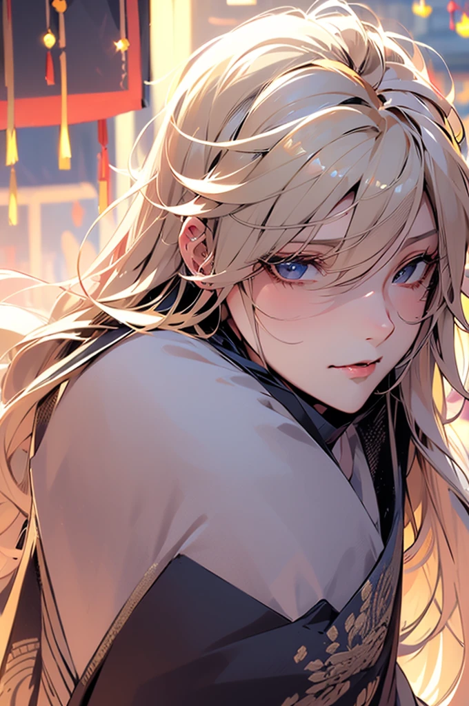 Androgynous young man, very long wavy blond hair, tight-fitting clothes, kemonomimi, fox ear, fox tail, different-colored eyes, light eyes, long eyelashes, gazing at camera, close-up portrait, man, garden, flower, one gray eye and one blue eye, bare chest, castle, red veil.