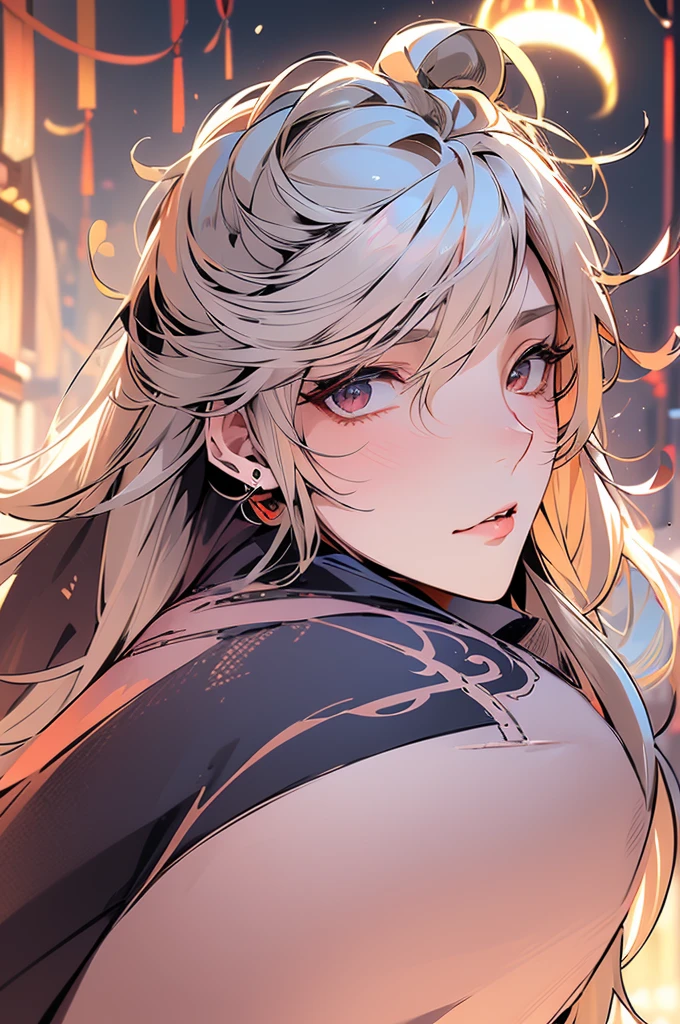 Androgynous young man, very long wavy blond hair, tight-fitting clothes, kemonomimi, fox ear, fox tail, different-colored eyes, light eyes, long eyelashes, gazing at camera, close-up portrait, man, garden, flower, one gray eye and one blue eye, bare chest, castle, red veil.