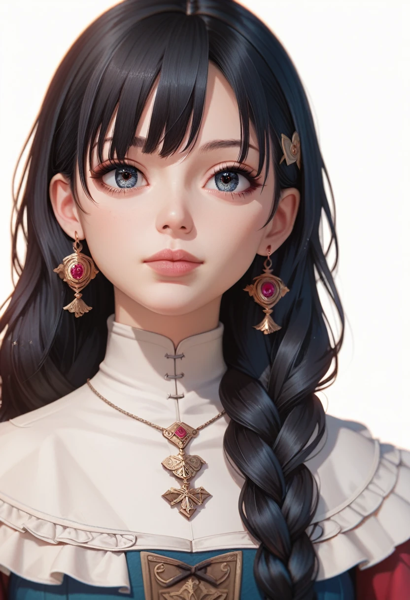 best quality, masterpiece, anime girl , young girl, 24 years old, 1girl, bangs, long hair, cute face, perfect shot, perfect anatomy, medieval, white background, solo girl, 4k, high resolution , detailed face, detailed eyes, beautiful eyes, black hair, very close up, focus on face,