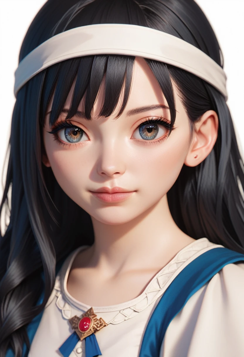 best quality, masterpiece, anime girl , young girl, 24 years old, 1girl, bangs, long hair, cute face, perfect shot, perfect anatomy, medieval, white background, solo girl, 4k, high resolution , detailed face, detailed eyes, beautiful eyes, black hair, very close up, focus on face,