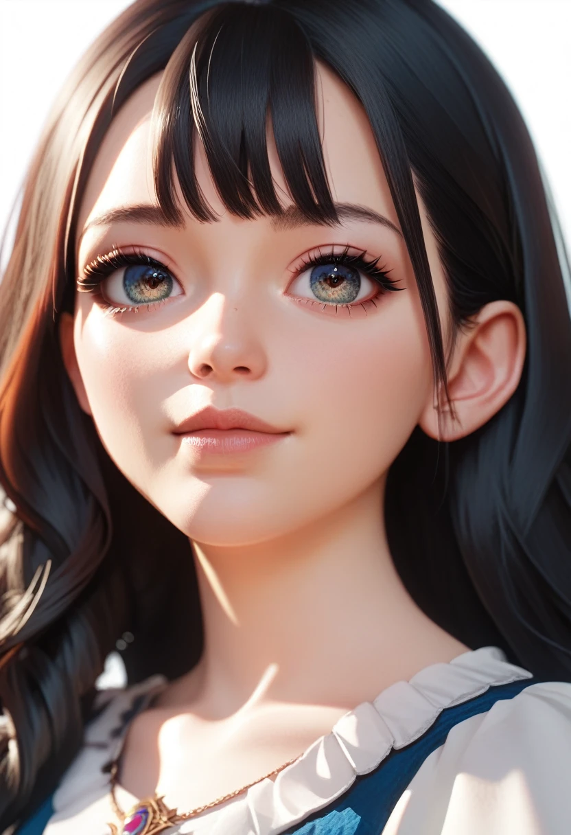 best quality, masterpiece, anime girl , young girl, 24 years old, 1girl, bangs, long hair, cute face, perfect shot, perfect anatomy, medieval, white background, solo girl, 4k, high resolution , detailed face, detailed eyes, beautiful eyes, black hair,  very close up, focus on face,  