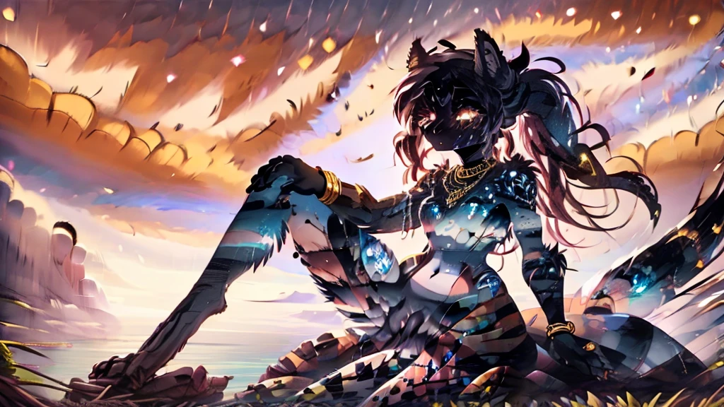 Masterpiece, High quality, best quality, best details, anime artstyle, 2d lineart, anime 2d lineart, Furry, protogen, black fur, fluffy fur, purple eyes, black desert and black sands on background, with massive gun, nudes, big hips, pussy, nsfw, shark tail, A desert on background, bad sands