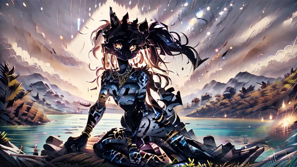 ((Best Quality, Masterpiece, perfect anatomy, detailed picture)), furry, 1woman, pantera, two tone skin, black body, gray fur, sexy, long white hair, ponytail hair, fluffy feline tail, yellow sclera, tribal tattoo, earrings, red blush, shy, in the ruins, portrait, illustration, gold necklace add_detail:1 ,gold bracelet add_detail:1, gold navel piercing_detail:1, porn star, sit on the sand with your legs open add_detail, Best Quality vagina add_detail:1