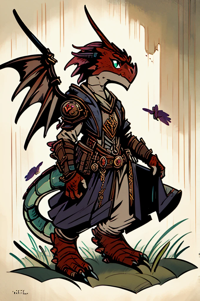 (((male, solo, winged kobold boy, dark red scales,fantasy clothes, artficer,steampunk, dragon wings, dragon tail, small, chibi))), artficer clothes, warm color clothes, fantay clothes,sea green eyes, artficer,small heigth, 54 centimertes heigth,horns, claws, tail, scales, fangs, masterpiece, cute, (((fullbody))), male
