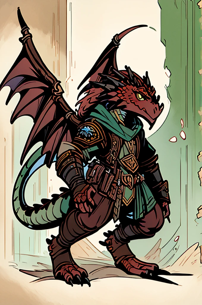 (((male, solo, winged kobold boy, dark red scales,fantasy clothes, artficer,steampunk, dragon wings, dragon tail, small, chibi))), artficer clothes, warm color clothes, fantay clothes,sea green eyes, artficer,small heigth, 54 centimertes heigth,horns, claws, tail, scales, fangs, masterpiece, cute, (((fullbody))), male