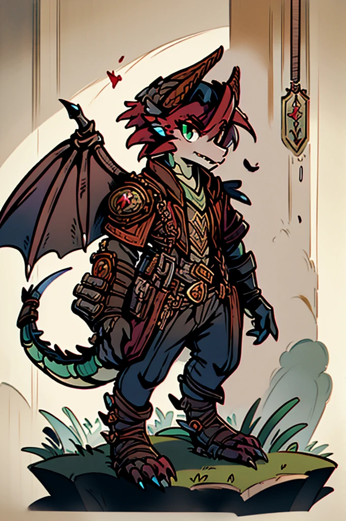 (((male, solo, winged kobold boy, dark red scales,fantasy clothes, artficer,steampunk, dragon wings, dragon tail, small, chibi))), artficer clothes, warm color clothes, fantay clothes,sea green eyes, artficer,small heigth, 54 centimertes heigth,horns, claws, tail, scales, fangs, masterpiece, cute, (((fullbody))), male
