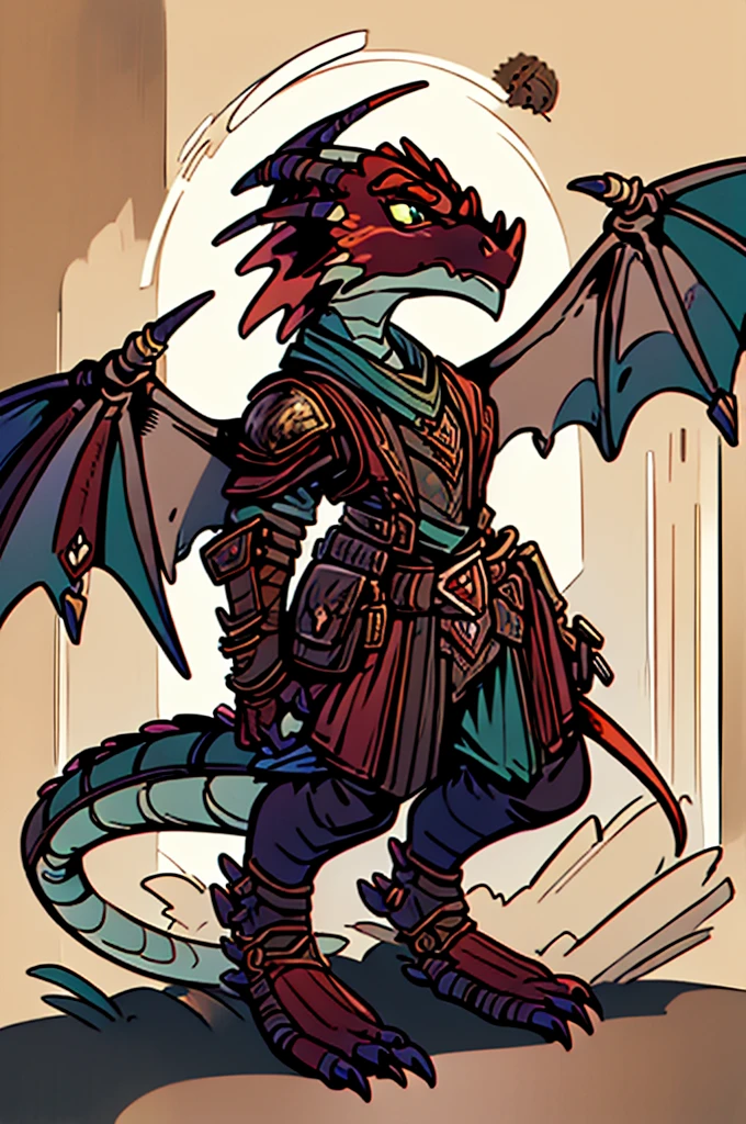 (((male, solo, winged kobold boy, dark red scales,fantasy clothes, artficer,steampunk, dragon wings, dragon tail, small, chibi))), artficer clothes, warm color clothes, fantay clothes,sea green eyes, artficer,small heigth, 54 centimertes heigth,horns, claws, tail, scales, fangs, masterpiece, cute, (((fullbody))), male
