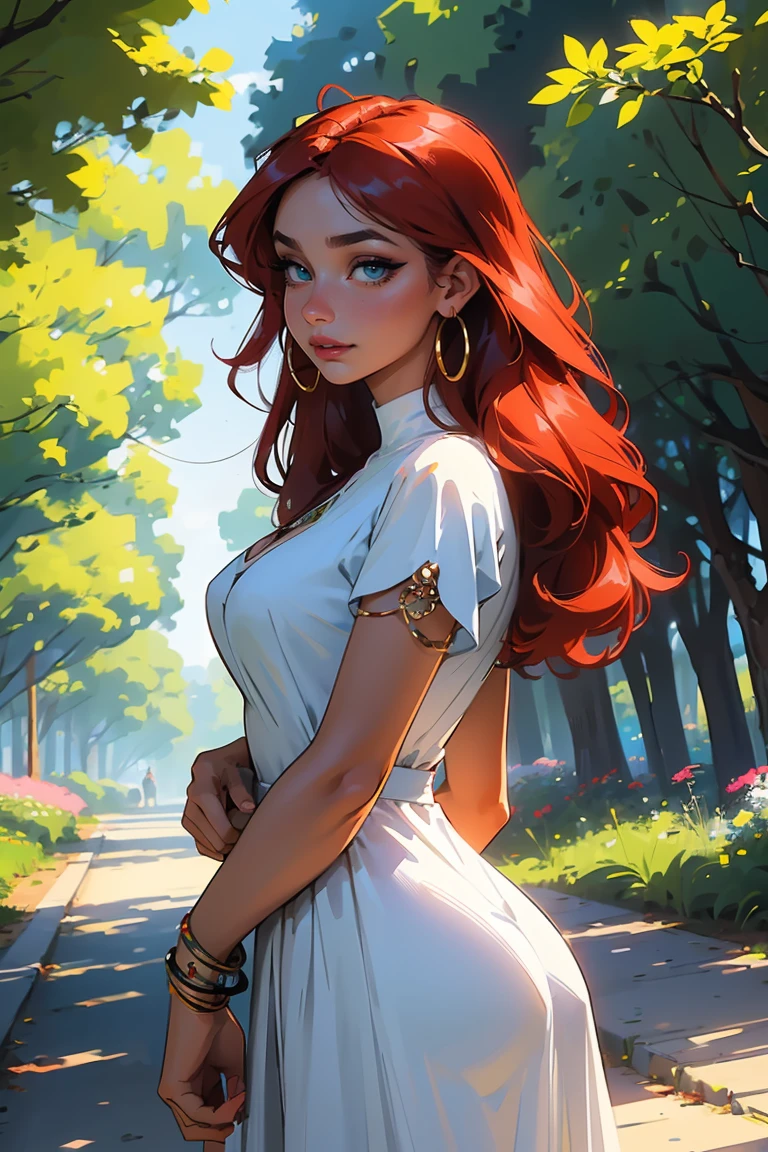 Goddess ((goddess-like woman)), slim, elegant silhouette, masterpiece, (close angle), best quality, cute face, (masterpiece:1,2, best quality), (real picture, intricate details), ( 1 lady, solo, medium tits, narrow waist, (long hair), a woman with long hair, red hair, long straight red hair, green eyes, she has an impressive presence., bracelet, hoop earrings, jewelry, beautiful face, beautiful eyes, she looks the Looking at viewer, She is wearing a short white dress, Nerdy girl, sweet shy smile, elegant pose, elegant hands, beautiful hands, perfect fingers,, background: Park, a beautiful park, trees, walkway, flowers, bushes, sakuratree