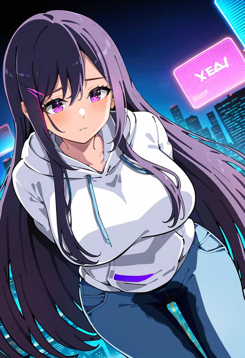 (masterpiece:1.37), best quality, (extremely detailed:1.37), (1girl:1.5), woman, (mature:1.5), (adult:1.5), large breasts, very long hair, (straight hair:1.5), dark purple hair, purple eyes, (extremely detailed eyes:1.37), hoodie, jeans, desperation, (wetting self:1.5), standing, embarrassed, humiliation, blushing, angry, city, futuristic, neon lighting, high-tech, street, skyscraper