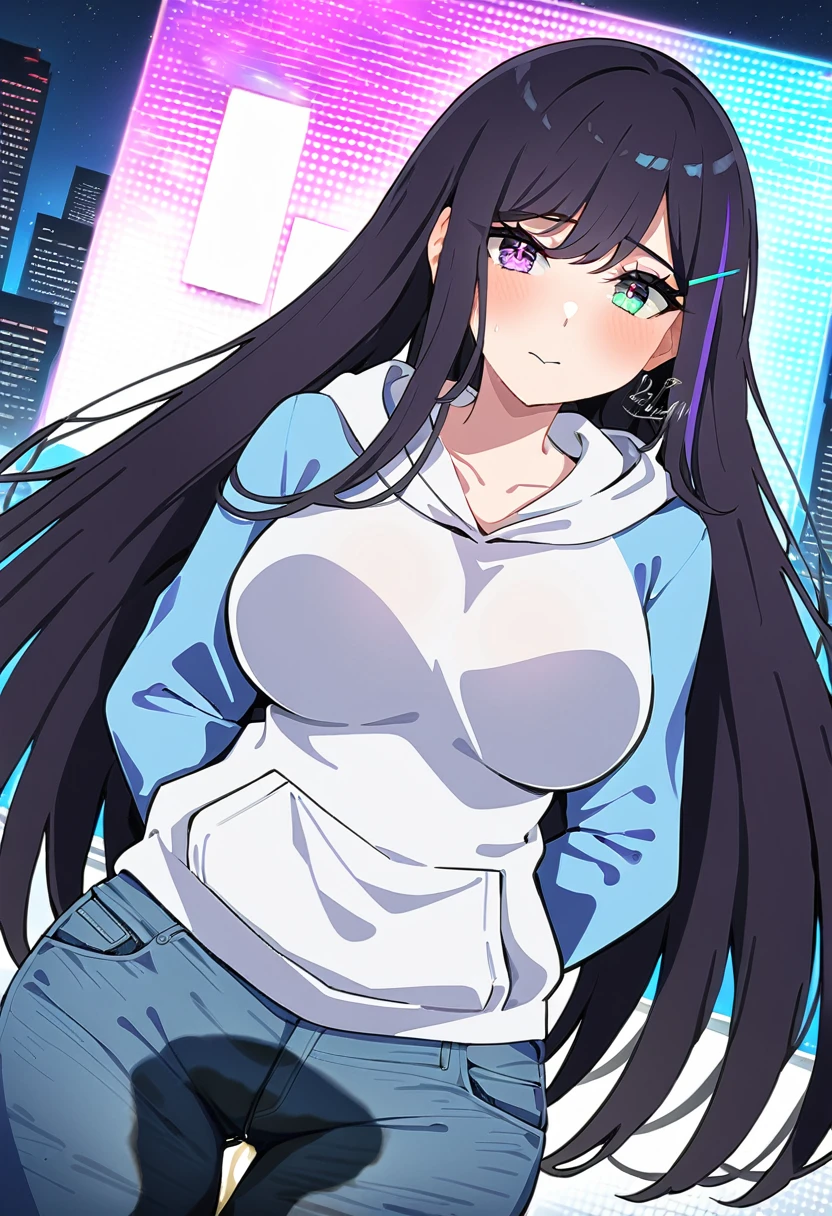 (masterpiece:1.37), best quality, (extremely detailed:1.37), woman, mature, adult, large breasts, (very long hair:1.5), dark purple hair, purple eyes, (extremely detailed eyes:1.37), hoodie, jeans, desperation, (wetting: self 3.0), standing, city, futuristic, neon lighting, high-tech