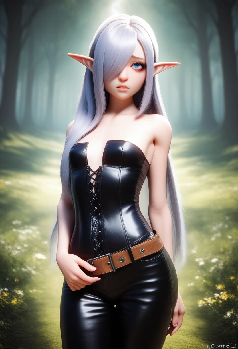 A detailed gnome girl with pale skin, short stature, and very long silver hair that curls at the ends, covering one eye, with small breasts, pouty lips, and bright blue anime-style eyes with long lashes, wearing a leather corset, white puffy-long-sleeved shirt, and puffy cloth pants, leather bound boots, set in a windy fantasy landscape, (best quality,4k,8k,highres,masterpiece:1.2),ultra-detailed, dungeons and dragons, long elf ears, small girl, detailed skin and cloth textures, beautiful detailed face, intricate details, extremely detailed, 1girl, dynamic pose with hair covering one eye, shy personality, cloth pants with leather belt