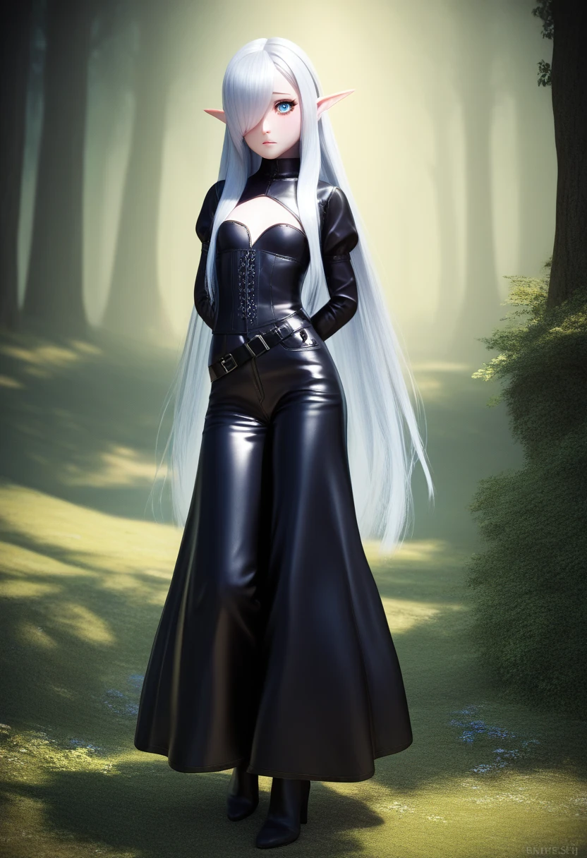 A detailed gnome girl with pale skin, short stature, and very long silver hair that curls at the ends, covering one eye, with small breasts, pouty lips, and bright blue anime-style eyes with long lashes, wearing a leather corset, white puffy-long-sleeved shirt, and puffy cloth pants, leather bound boots, set in a windy fantasy landscape, (best quality,4k,8k,highres,masterpiece:1.2),ultra-detailed, dungeons and dragons, long elf ears,  girl, detailed skin and cloth textures, beautiful detailed face, intricate details, extremely detailed, 1girl, dynamic pose with hair covering one eye, shy personality, cloth pants with leather belt