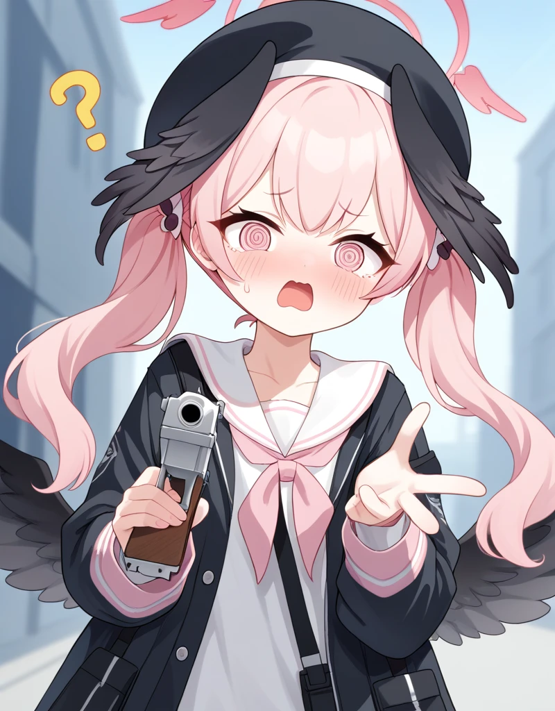 1girl, koharu \(blue archive\), twintails, shirt, score_9, black wings, blush, pink eyes, head wings, pink hair, wings, hat, black headwear, @ @, open mouth, mouth, holding weapon, handgun,