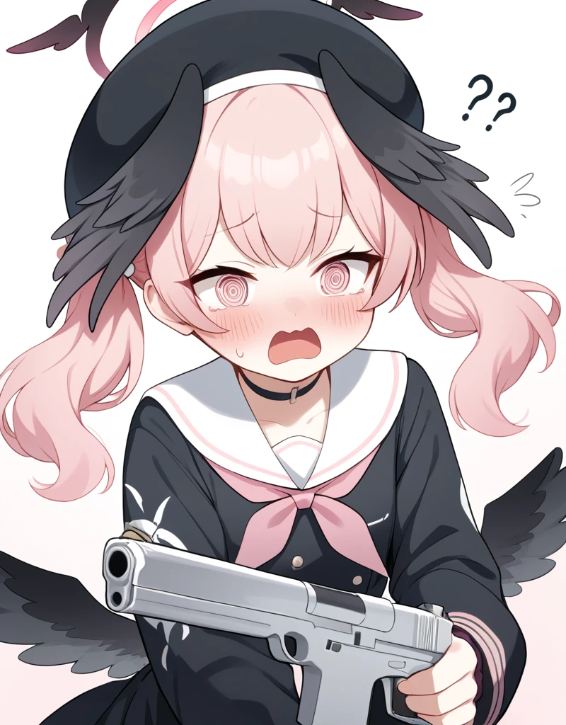 1girl, koharu \(blue archive\), twintails, shirt, score_9, black wings, blush, pink eyes, head wings, pink hair, wings, hat, black headwear, @ @, open mouth, mouth, holding weapon, handgun,