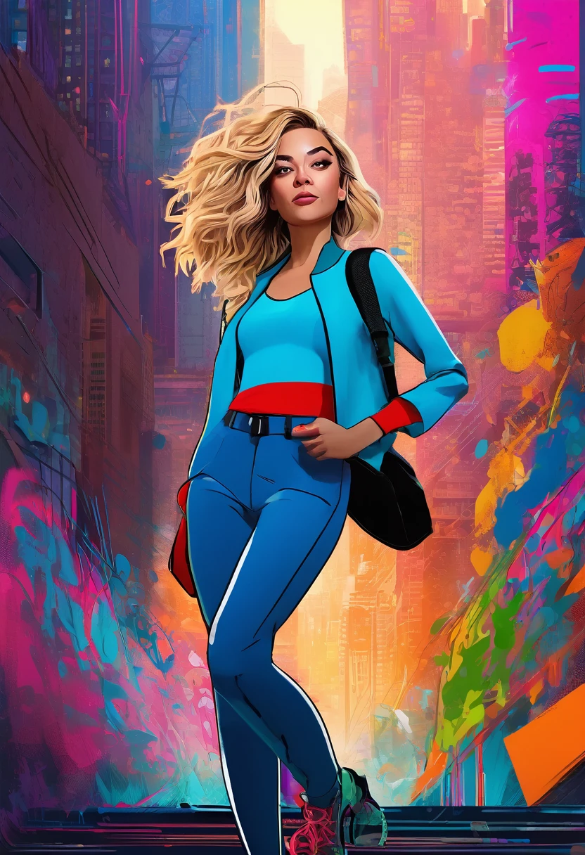 (Masterpiece artwork, 8K, uhd, high resolution: 1.4), stylized portrait of Sydney Sweeney in Spider-Verse art style, (stylized and vibrant features: 1.3), (long and wavy hair, blondes: 1.2), (expressive detailed eyes: 1.2), (modern and dynamic clothing, inspired by the Spider-Verse universe: 1.3), (confident and energetic pose: 1.3), (comic animation elements, with hand-drawn textures and shadows: 1.2), (background with urban and colorful scenes, like skyscrapers and graffiti: 1.1), (vibrant and electrifying atmosphere: 1.3), Intricate and vivid details, (fantasy and action elements: 1.2), (dynamic and captivating perspective: 1.3)
