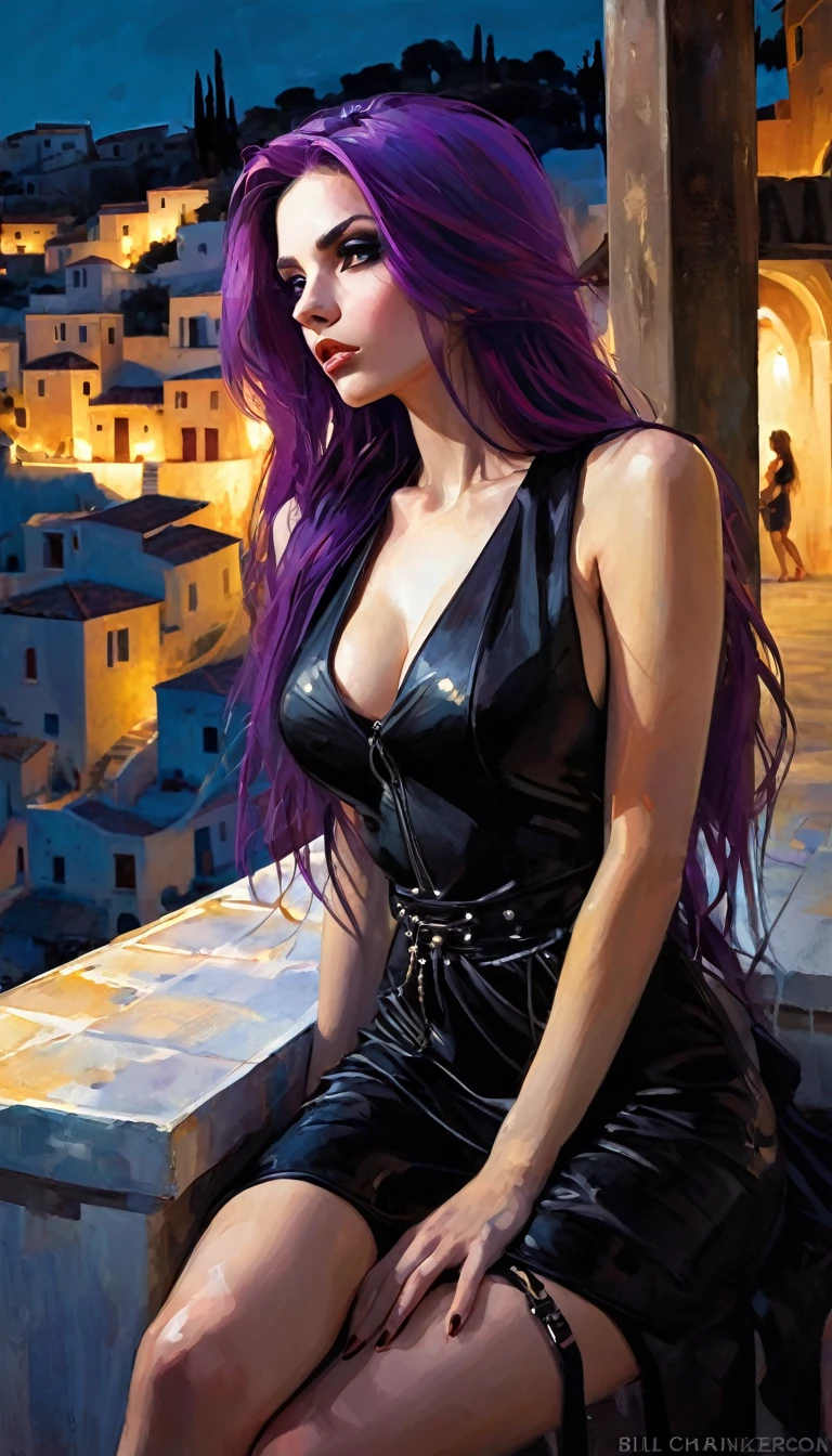 sexy girl, long purple hair, punk look, tight black dress, spikes, sitting on a terrace with stunning views of a typical Greek village: 1.5, chiaroscuro, sensual, dramatic lighting, moody atmosphere, photorealistic, intricate details, masterpiece, ultra-detailed, high quality, 8k, best quality, realistic, cinematic, dark and brooding, expressionistic, powerful composition, emotional impact(art inspired in Bill Sienkiewicz). oil painting)