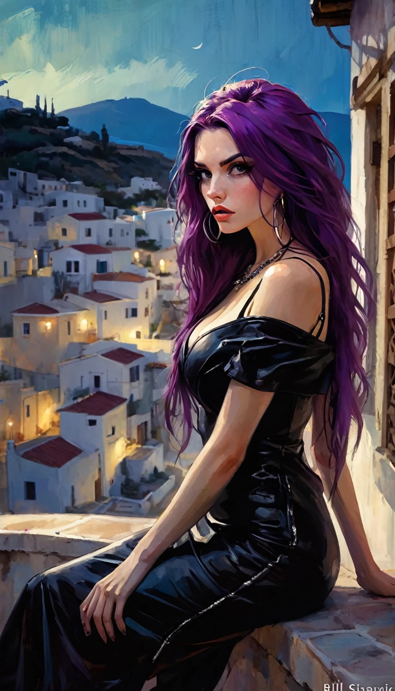 sexy girl, long purple hair, punk look, tight black dress, spikes, sitting on a terrace with stunning views of a typical Greek village: 1.5, chiaroscuro, sensual, dramatic lighting, moody atmosphere, photorealistic, intricate details, masterpiece, ultra-detailed, high quality, 8k, best quality, realistic, cinematic, dark and brooding, expressionistic, powerful composition, emotional impact(art inspired in Bill Sienkiewicz). oil painting) 