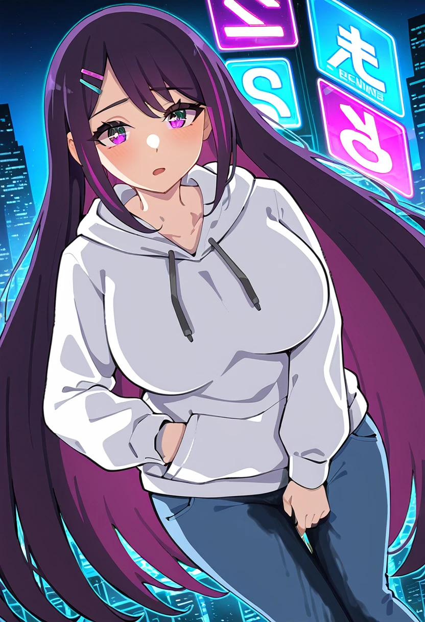 (masterpiece:1.37), best quality, (extremely detailed:1.37), woman, mature, adult, large breasts, (very long hair:1.5), dark purple hair, purple eyes, (extremely detailed eyes:1.37), hoodie, jeans, desperation, (wetting: self 3.0), standing, city, futuristic, neon lighting, high-tech