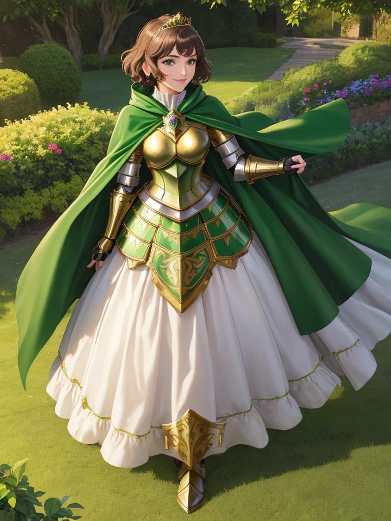 masterpiece, best quality:1.2), 1girl, smile, looking at viewer, green eyes, short brown hair, princess, armor, , pauldrons, armored dress, green cloak cape, wearing puffy blue ballgown skirt, golden tiara with green gem, armored boots, fingerless gloves, standing in medieval garden
