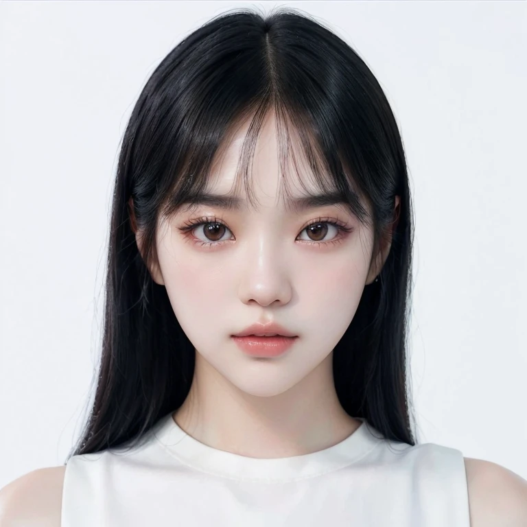 A closeup of a woman with long black hair wearing a white top, jaeyeon nam, lalisa manobal, she has black hair with bangs, pale korean adorable face, kim doyoung, jinyoung shin, young and adorable korean face, profile headshot, with bangs, korean symmetrical face, parque me, Lee Ji Eun, Lee Ji Eun