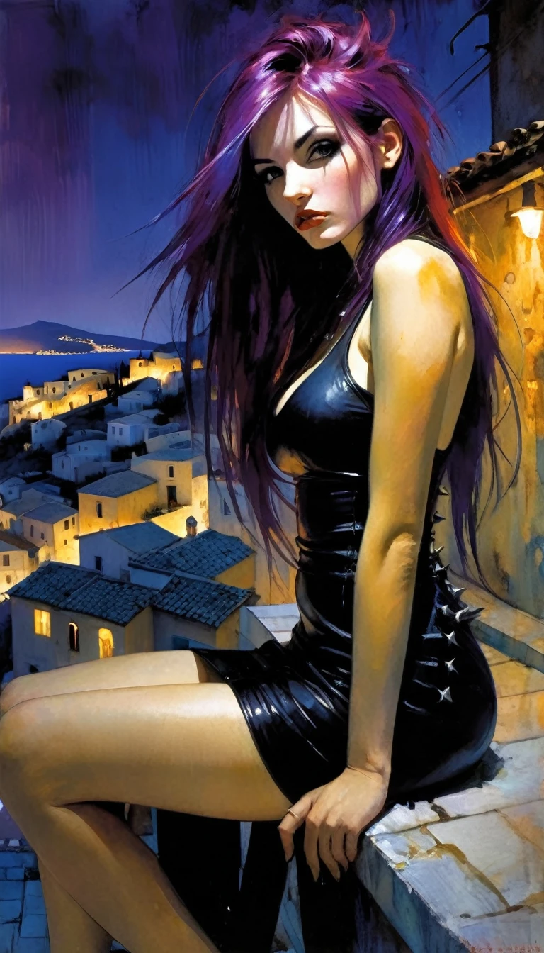 sexy girl, long purple hair, punk look, tight black dress, spikes, sitting on a terrace with stunning views of a typical Greek village: 1.5, chiaroscuro, sensual, dramatic lighting, moody atmosphere, photorealistic, intricate details, masterpiece, ultra-detailed, high quality, 8k, best quality, realistic, cinematic, dark and brooding, expressionistic, powerful composition, emotional impact(art inspired in Bill Sienkiewicz). oil painting) 