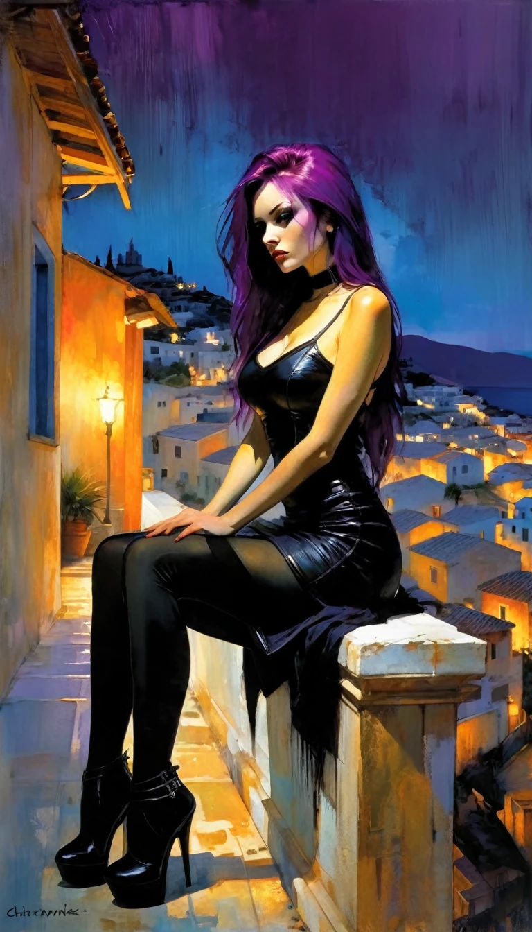 sexy girl, long purple hair, punk look, tight black dress, spikes, sitting on a terrace with stunning views of a typical Greek village: 1.5, chiaroscuro, sensual, dramatic lighting, moody atmosphere, photorealistic, intricate details, masterpiece, ultra-detailed, high quality, 8k, best quality, realistic, cinematic, dark and brooding, expressionistic, powerful composition, emotional impact(art inspired in Bill Sienkiewicz). oil painting) 