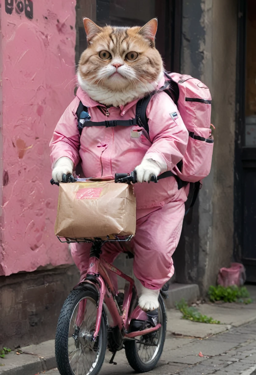 ((full body)), fat cat in pink food delivery suit, riding a bicycle, large backpack with orders behind him, action-packed background, cinematic, high quality detail, high realism, bright contrasting colors, (bright contrasting colors)