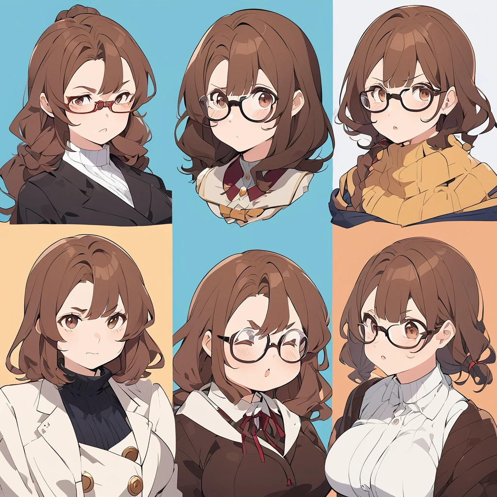 Character concept, woman with glasses and brown hair, illustrated from the bust, various expresions, slightly chubby, anime style