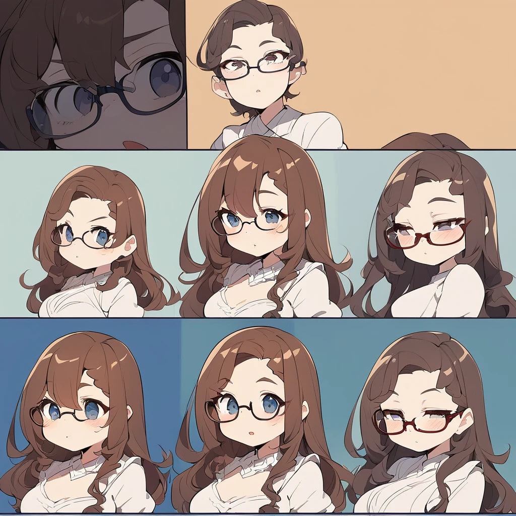 Character concept, woman with glasses and brown hair, illustrated from the bust, various expresions, slightly chubby, anime style