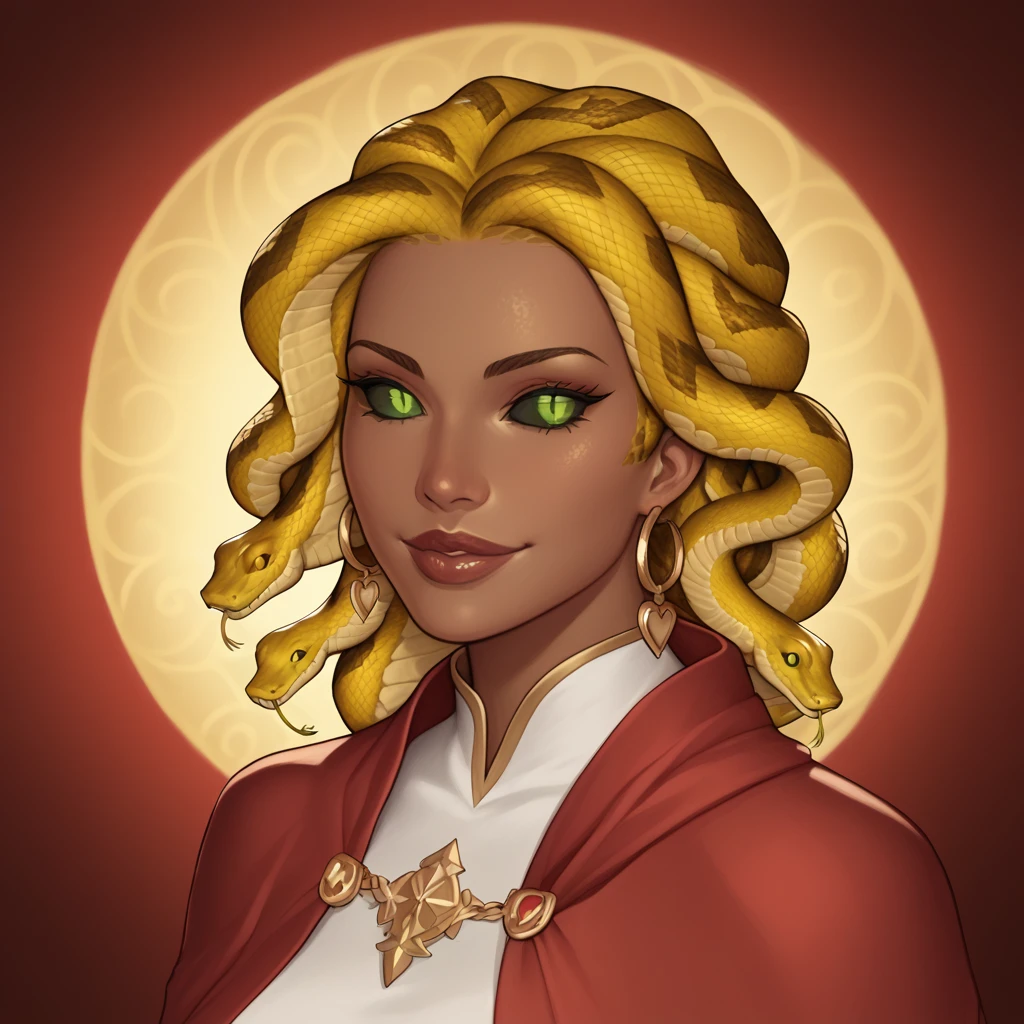 (((beautiful, high quality, perfect eyes, comics style, semi-realistic, detailed face))), bust shoot, score_9, score_8_up, score_7_up, | ((colored sclera, black sclera, slit pupils, scales)), 1girl, (((sn4k3h41r, snake hair))), Very ((dark skin, dark-skinned)), ((,  face, desire)), green eyes, attractive smile, (heart shape lips), wears a red wizard robes over a white linen dress, | (wizard tower, fantasy background, blurred background), digital painting, volumetric lighting, easynegative, JIM EIDOMODE, Dungeons and Dragons 5th edition style illustration,