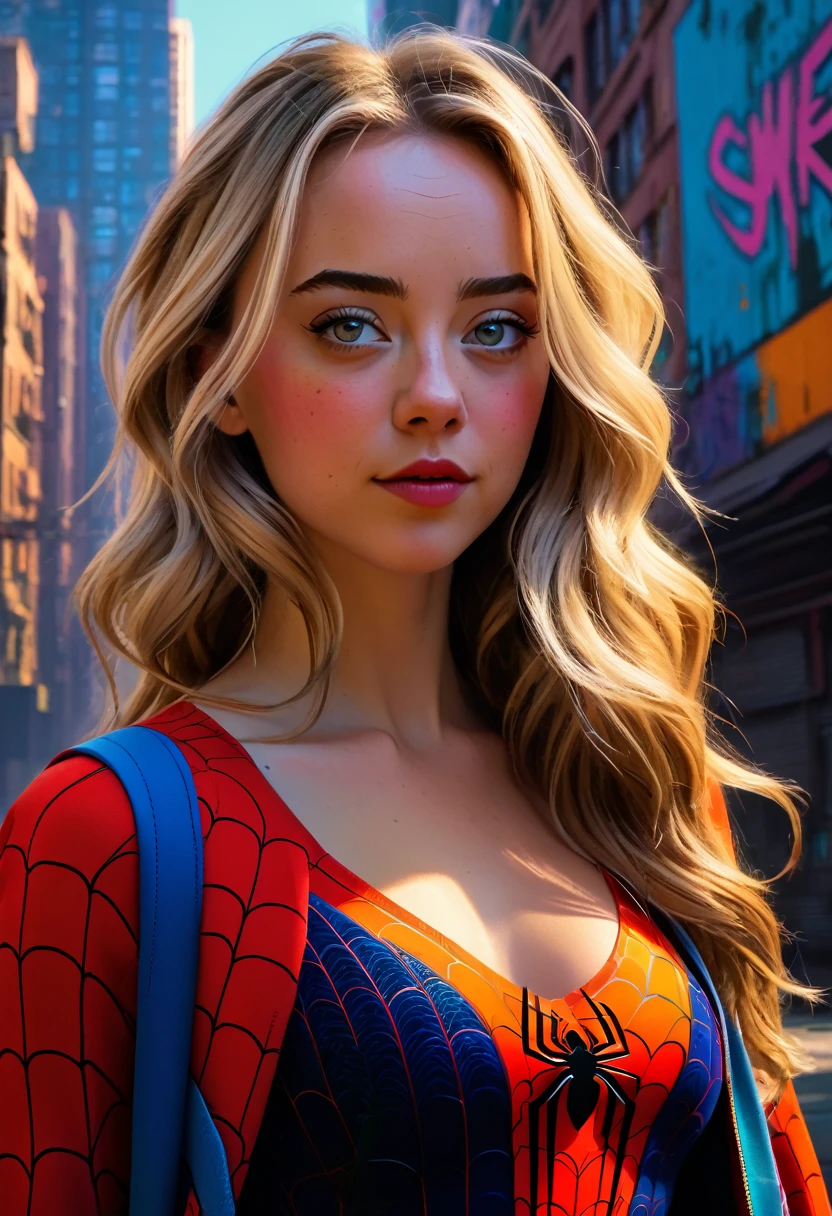 (Masterpiece artwork, 8K, uhd, high resolution: 1.4), stylized portrait of Sydney Sweeney in Spider-Verse art style, (stylized and vibrant features: 1.3), (long and wavy hair, blondes: 1.2), (expressive detailed eyes: 1.2), (modern and dynamic clothing, inspired by the Spider-Verse universe: 1.3), (confident and energetic pose: 1.3), (comic animation elements, with hand-drawn textures and shadows: 1.2), (background with urban and colorful scenes, like skyscrapers and graffiti: 1.1), (vibrant and electrifying atmosphere: 1.3), Intricate and vivid details, (fantasy and action elements: 1.2), (dynamic and captivating perspective: 1.3)