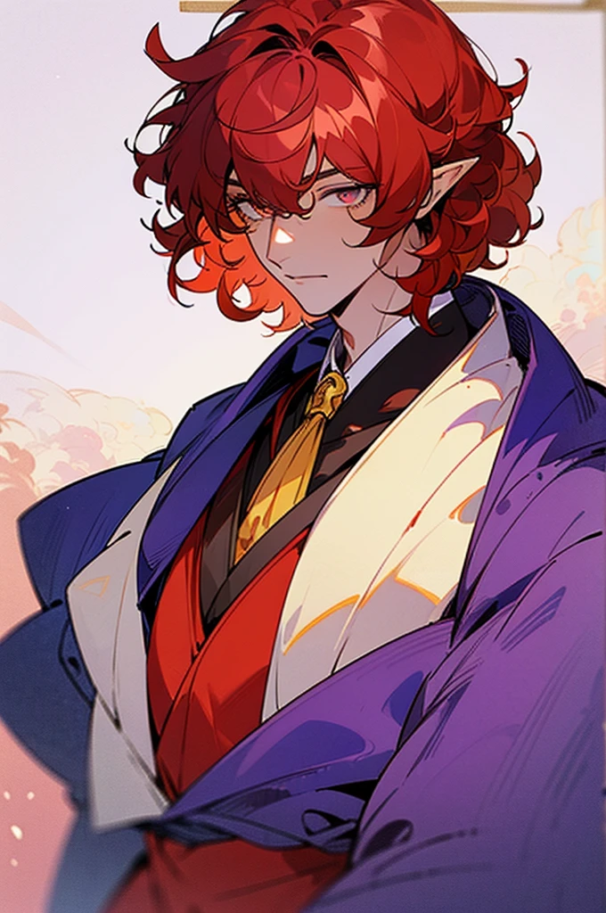 ((masterpiece)), ((one man)), man, man in late 30s, dark skin, white eyes, detailed eyes, elve ears, drak red hair, short hair, short curly hair, ((curly hair)), curly hair, tall, handsome, mature, purple clothes,
