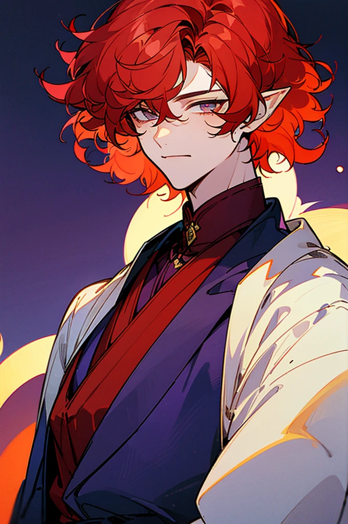 ((masterpiece)), ((one man)), man, man in late 30s, dark skin, white eyes, detailed eyes, elve ears, drak red hair, short hair, short curly hair, ((curly hair)), curly hair, tall, handsome, mature, purple clothes,