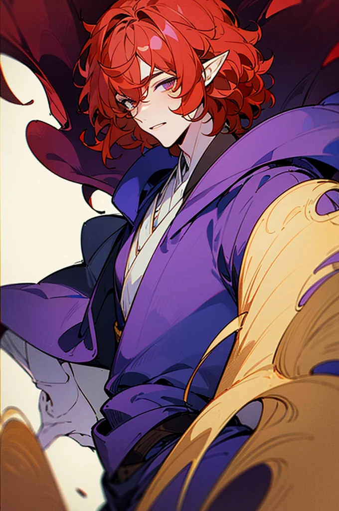 ((masterpiece)), ((one man)), man, man in late 30s, dark skin, white eyes, detailed eyes, elve ears, drak red hair, short hair, short curly hair, ((curly hair)), curly hair, tall, handsome, mature, purple clothes,
