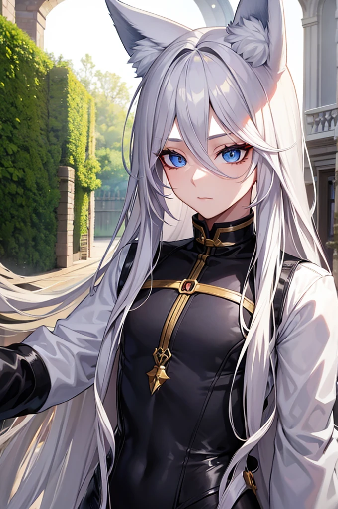 Androgynous young man, very long wavy blond hair, tight-fitting clothes, kemonomimi, fox ear, fox tail, different-colored eyes, light eyes, long eyelashes, gazing at camera, close-up portrait, man, garden, flower, one gray eye and one blue eye, bare chest, castle, red veil.