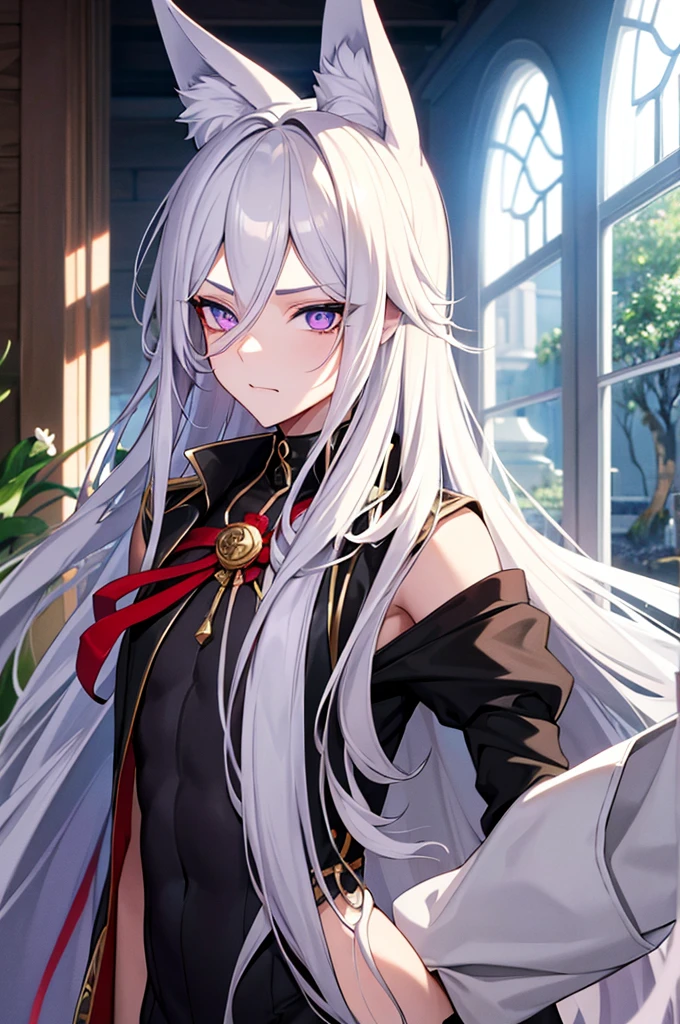 Androgynous young man, very long wavy blond hair, tight-fitting clothes, kemonomimi, fox ear, fox tail, different-colored eyes, light eyes, long eyelashes, gazing at camera, close-up portrait, man, garden, flower, one gray eye and one blue eye, bare chest, castle, red veil.