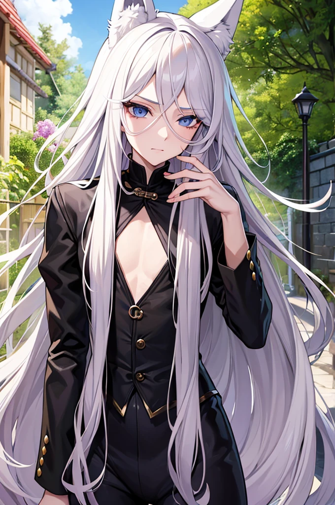 Androgynous young man, very long wavy blond hair, tight-fitting clothes, kemonomimi, fox ear, fox tail, different-colored eyes, light eyes, long eyelashes, gazing at camera, close-up portrait, man, garden, flower, one gray eye and one blue eye, bare chest, castle, red veil.