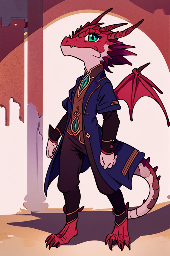 (((male, solo, winged kobold boy, dark red scales,fantasy clothes, artficer,steampunk, dragon wings, dragon tail, small, chibi))), artficer clothes, warm color clothes, fantay clothes,sea green eyes, artficer,small heigth, 54 centimertes heigth,horns, claws, tail, scales, fangs, masterpiece, cute, (((fullbody))), male