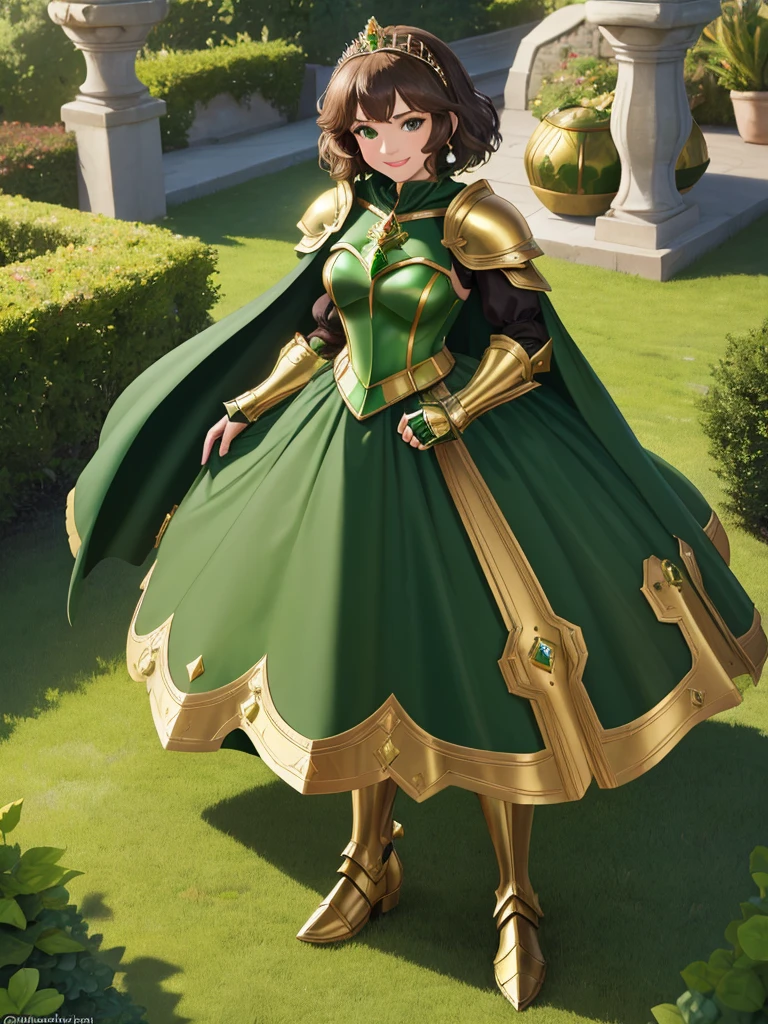 masterpiece, best quality:1.2), 1girl, smile, looking at viewer, green eyes, short brown hair, princess, armor, , pauldrons, armored dress, green cloak cape, wearing puffy blue ballgown skirt, golden tiara with green gem, armored boots, fingerless gloves, standing in medieval garden