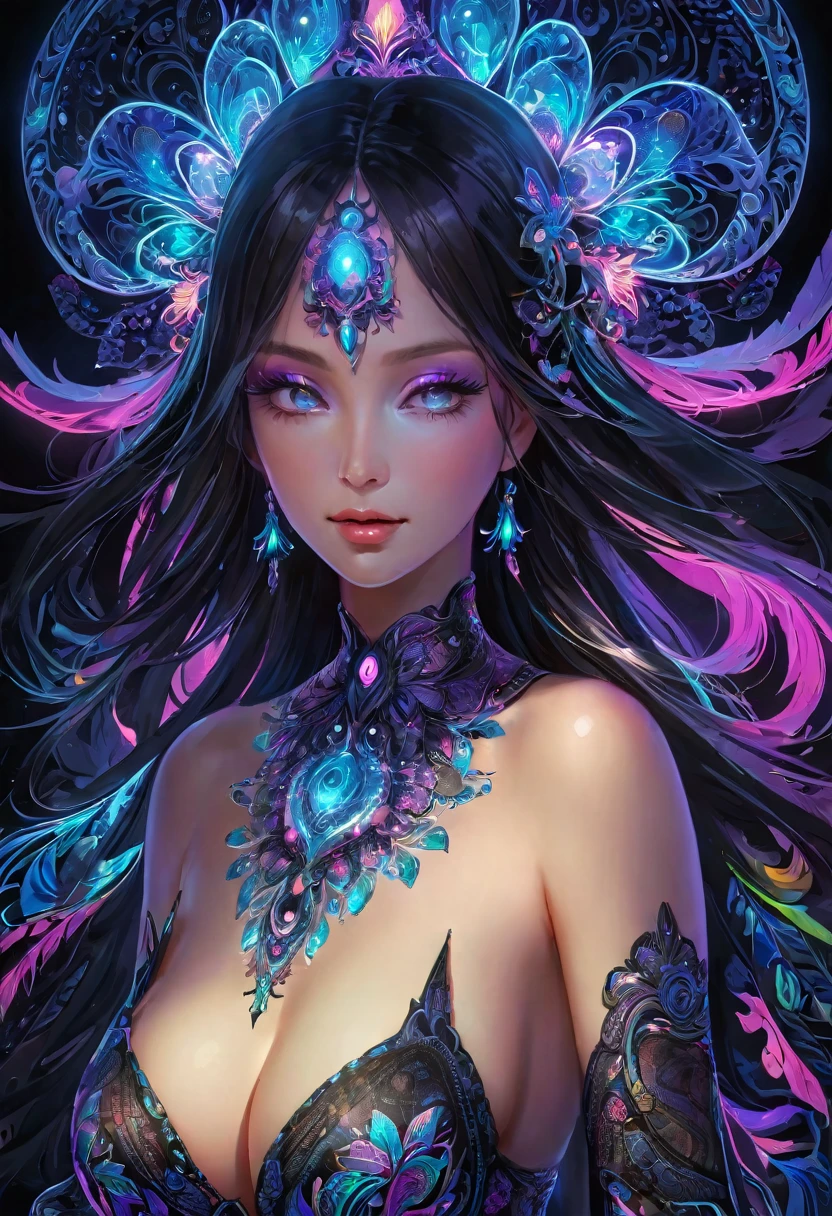 Black light art,(tmasterpiece, top-quality, Best quality at best, offcial art, Beautiful and beautiful:1.2), (1个Giant Breast Girl:1.3), The is very detailed,(s fractal art:1.2),Colorful,The most detailed,( Zentangle neon light:1.2), (dynamicposes), (Abstract background neon lights:1.5), (traditionalcostumes:1.2), (Glossy glossy skin), (Lots of colors:1.4), neon,16k,Full-HD