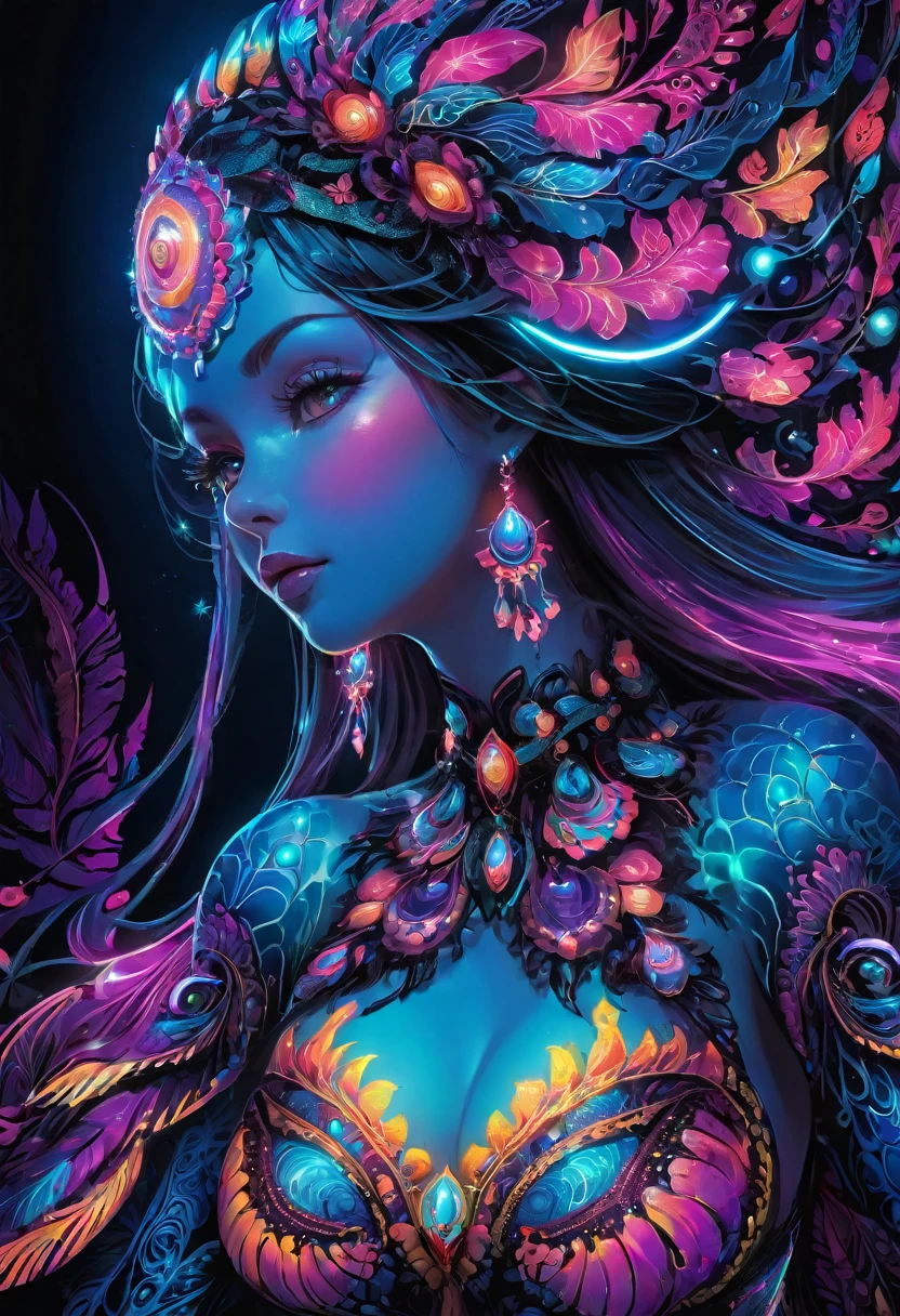 a woman with a large breast in a psychedelic painting, nipples, psychedelic goddess, dmt art, dmt goddess, visionary art style, psychedelic art style, 3 d goddess portrait, psychedelic art nouveau, psytrance artwork, psychedelic digital art, digital visionary art, psychedelic surreal art, highly intricate in technicolor, hyper - detailed visionary art, body leaning forward, wet