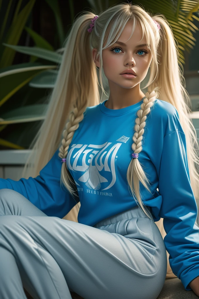 16 year old Pamela Anderson, ultra-detailed face, ultra detailed blue eyes, long platinum blonde wavy messy hair, huge breasts, (bangs, pigtails), (pants, long sleeve, t-shirt), legs, tropical water, (((masterpiece)))