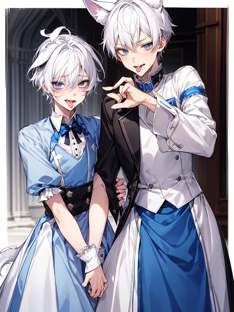 young male teenager, white hair, blue eyes, crossdress, wearing a dog collar, dog ears, sticking tongue out, embarassed, prince dress